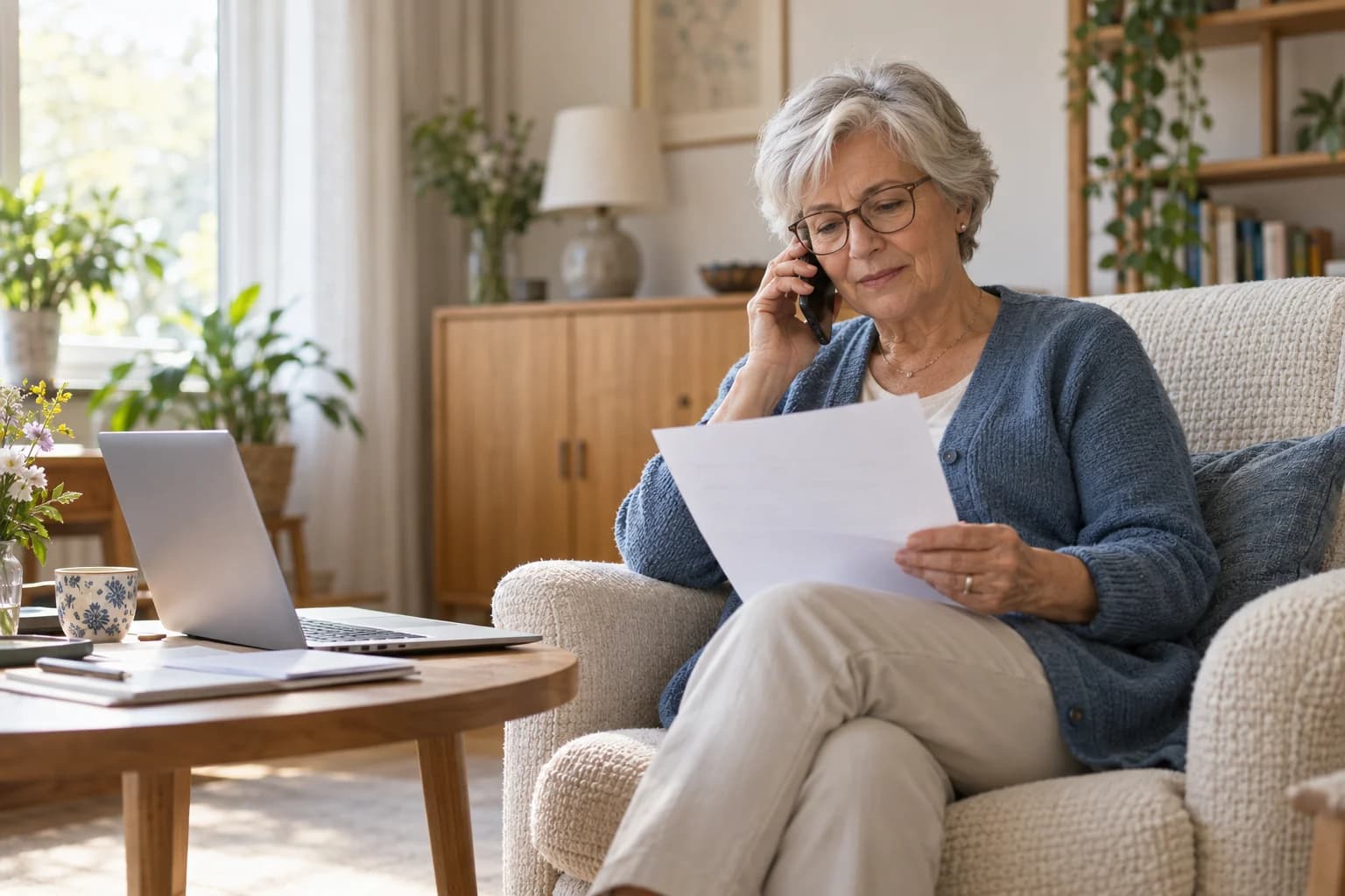 Een vrouw bekijkt thuis een brief terwijl zij telefoneert.