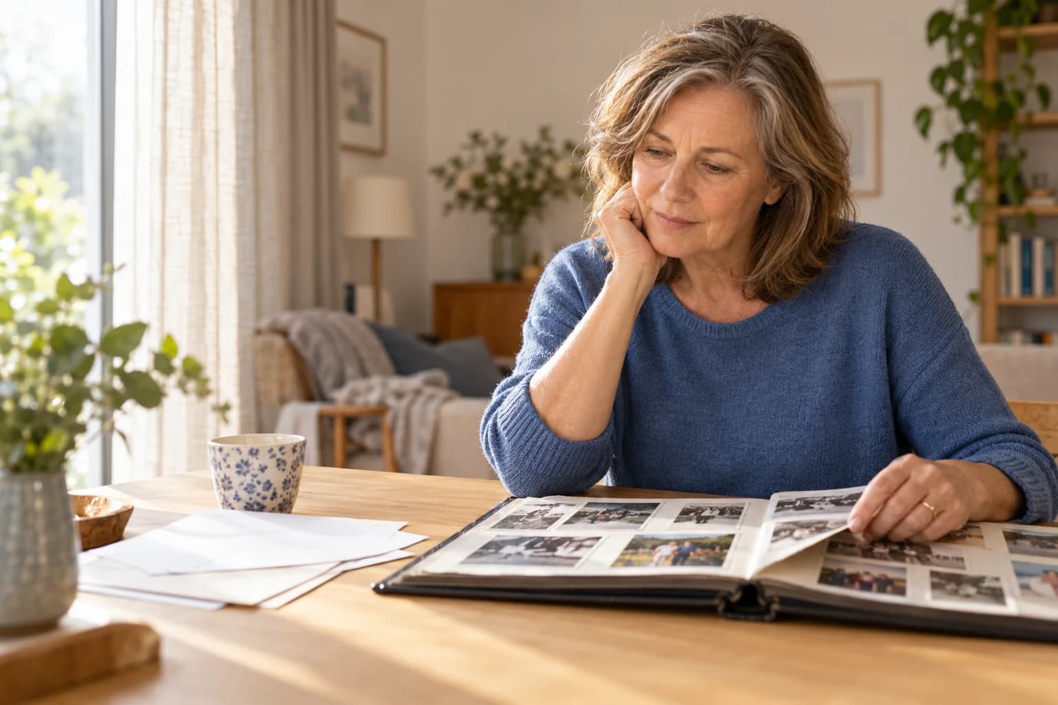 Een vrouw bekijkt thuis een familiealbum aan de eettafel.