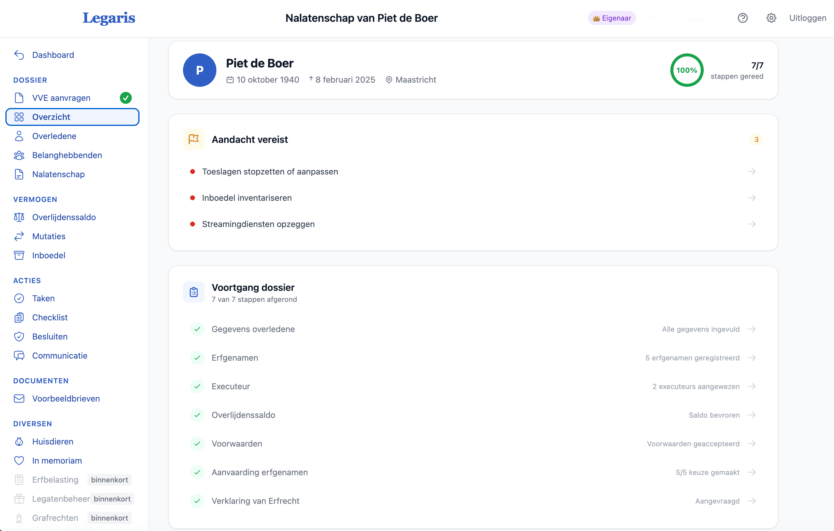 Legaris dashboard - digitaal dossier voor uw nalatenschap